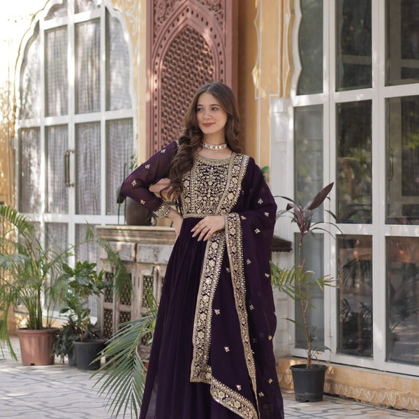 Jyoti Fashion Wine Faux Blooming Embroidered Anarkali Set with Dupatta - Distacart