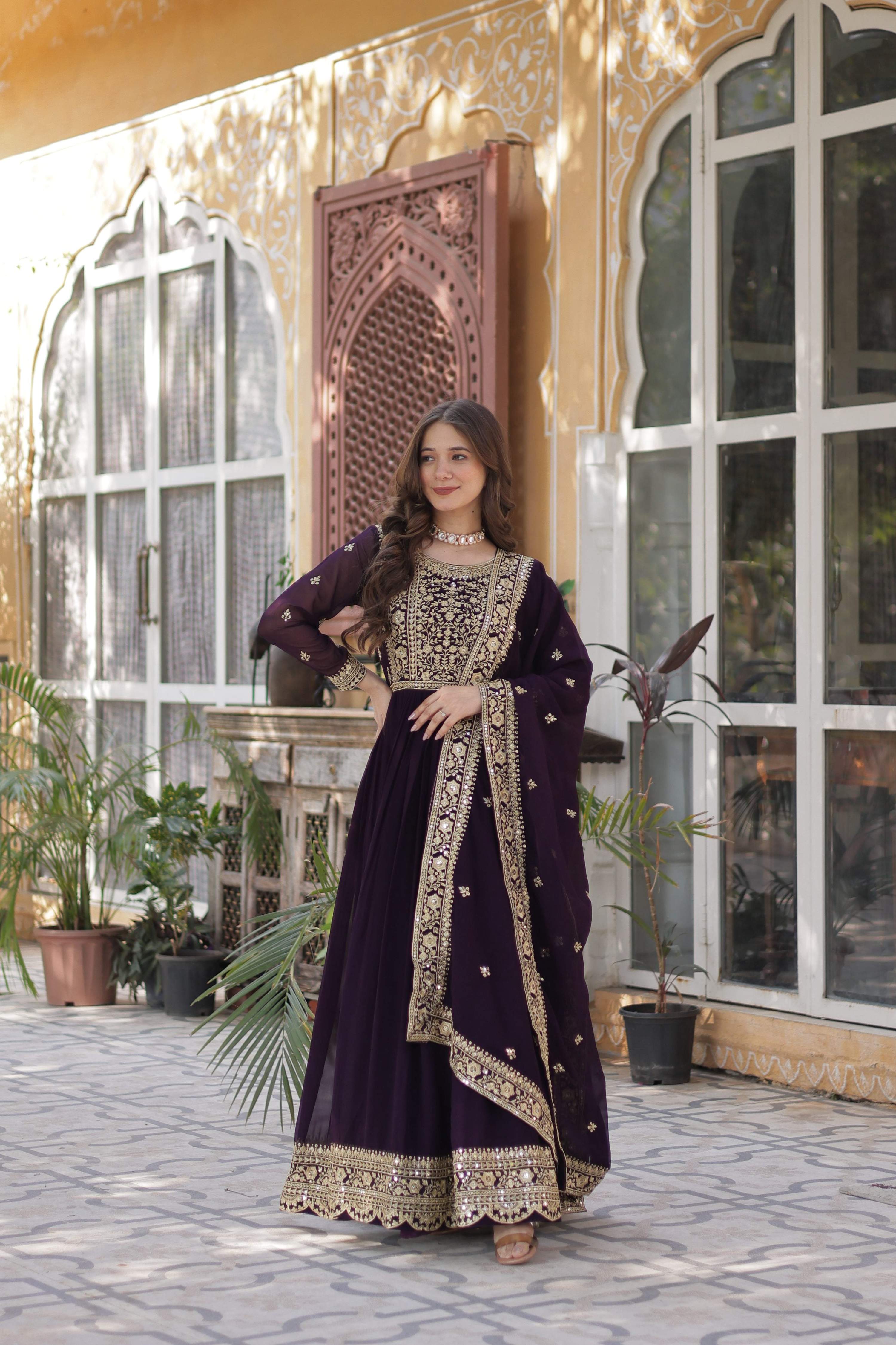 Jyoti Fashion Wine Faux Blooming Embroidered Anarkali Set with Dupatta - Distacart