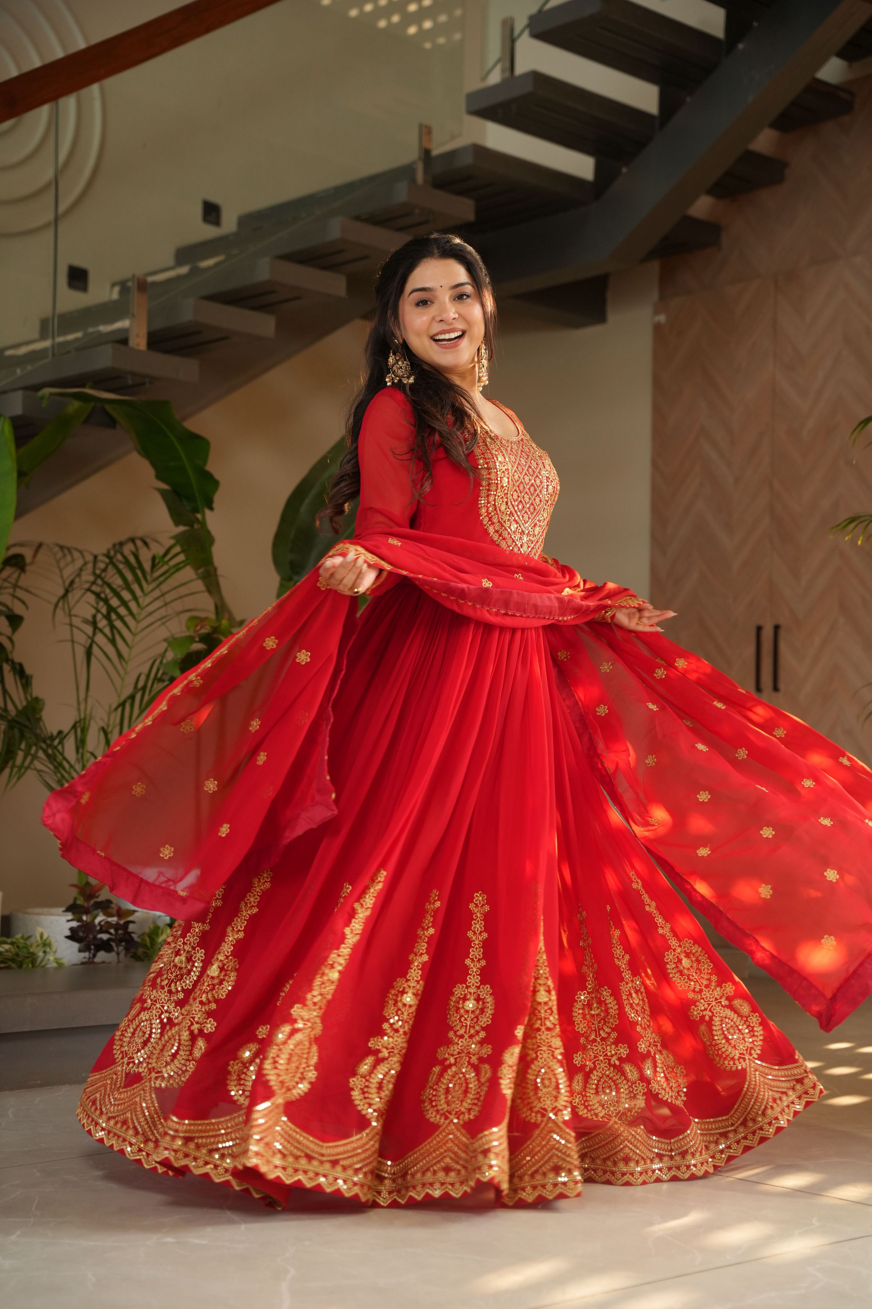 Jyoti Fashion Red Faux Blooming Embroidered Anarkali Set with Dupatta - Distacart