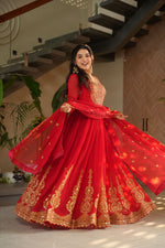 Thumbnail for Jyoti Fashion Red Faux Blooming Embroidered Anarkali Set with Dupatta - Distacart