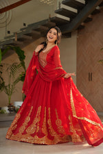 Thumbnail for Jyoti Fashion Red Faux Blooming Embroidered Anarkali Set with Dupatta - Distacart
