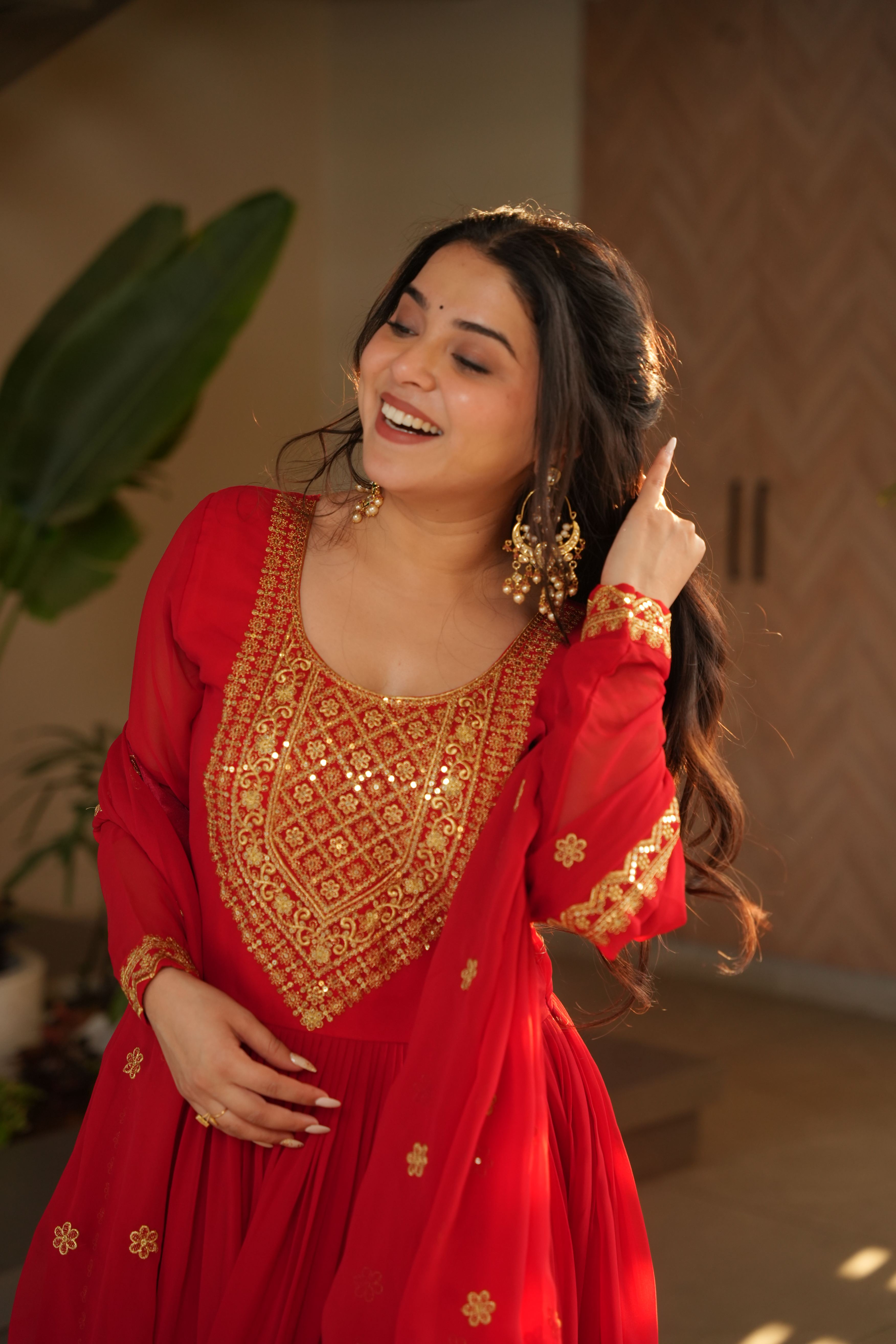 Jyoti Fashion Red Faux Blooming Embroidered Anarkali Set with Dupatta - Distacart