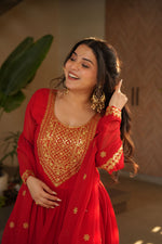 Thumbnail for Jyoti Fashion Red Faux Blooming Embroidered Anarkali Set with Dupatta - Distacart