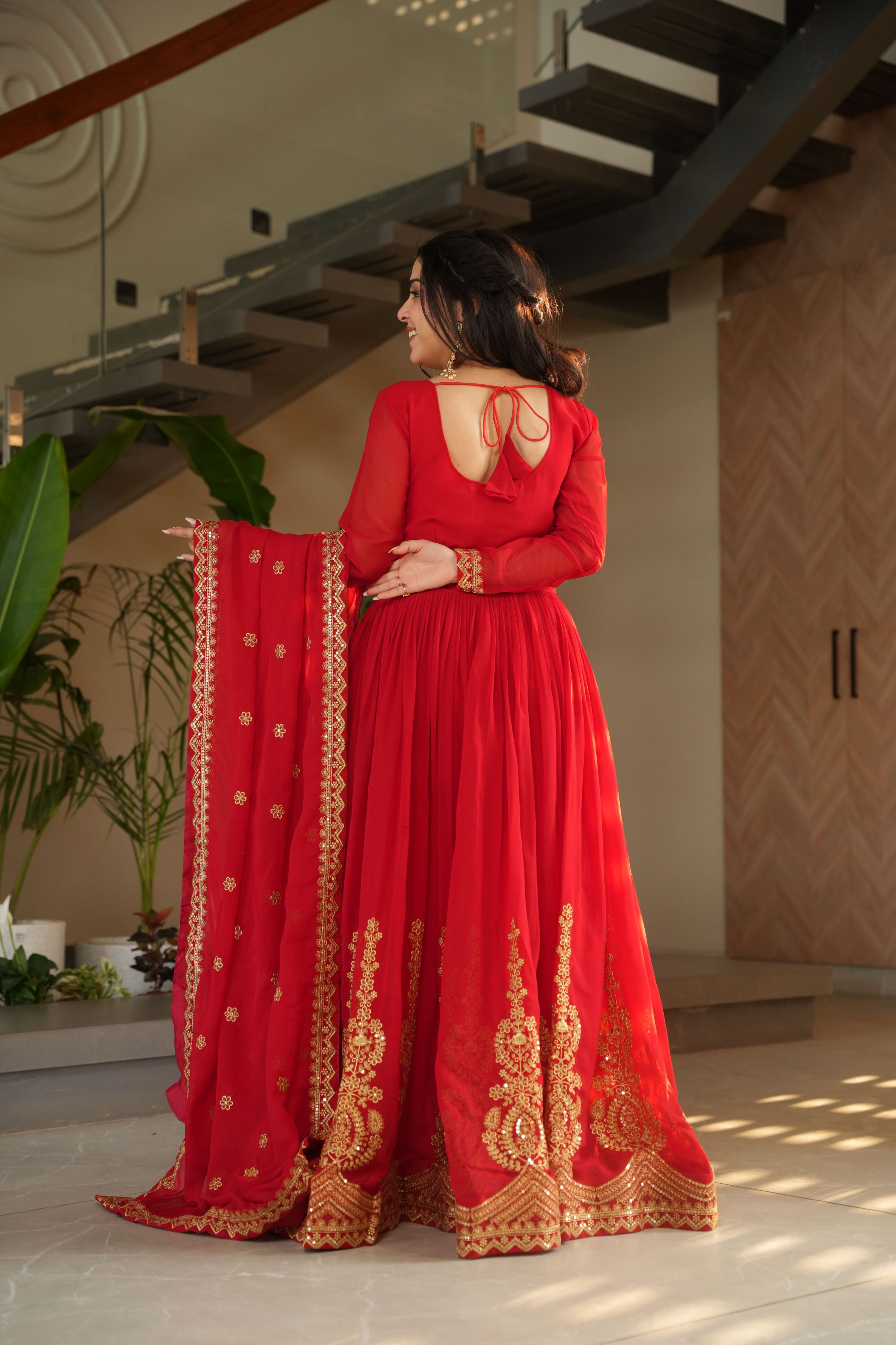 Jyoti Fashion Red Faux Blooming Embroidered Anarkali Set with Dupatta - Distacart