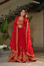 Thumbnail for Jyoti Fashion Red Faux Blooming Embroidered Anarkali Set with Dupatta - Distacart