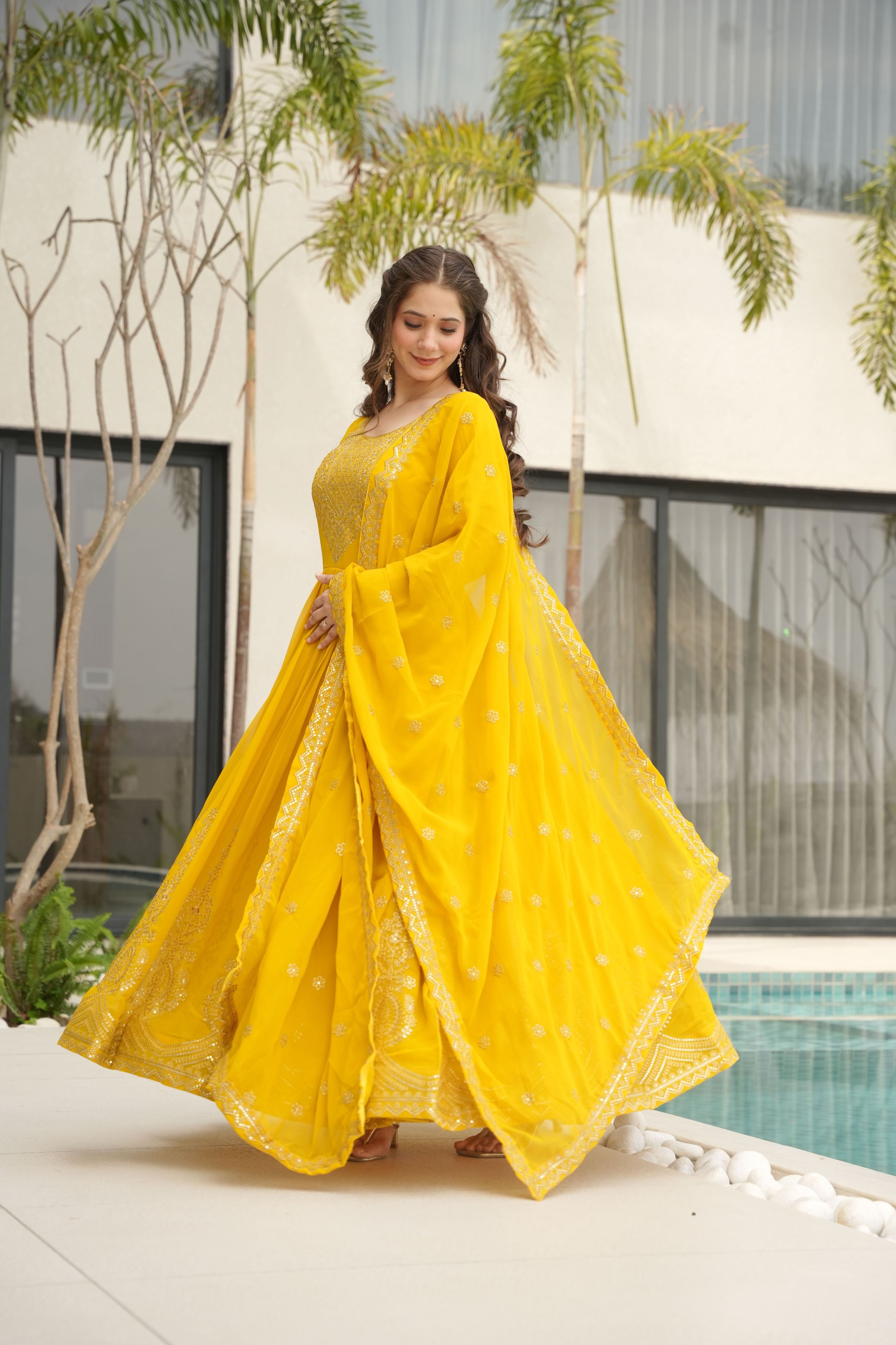 Jyoti Fashion Yellow Faux Blooming Embroidered Anarkali Set with Dupatta - Distacart
