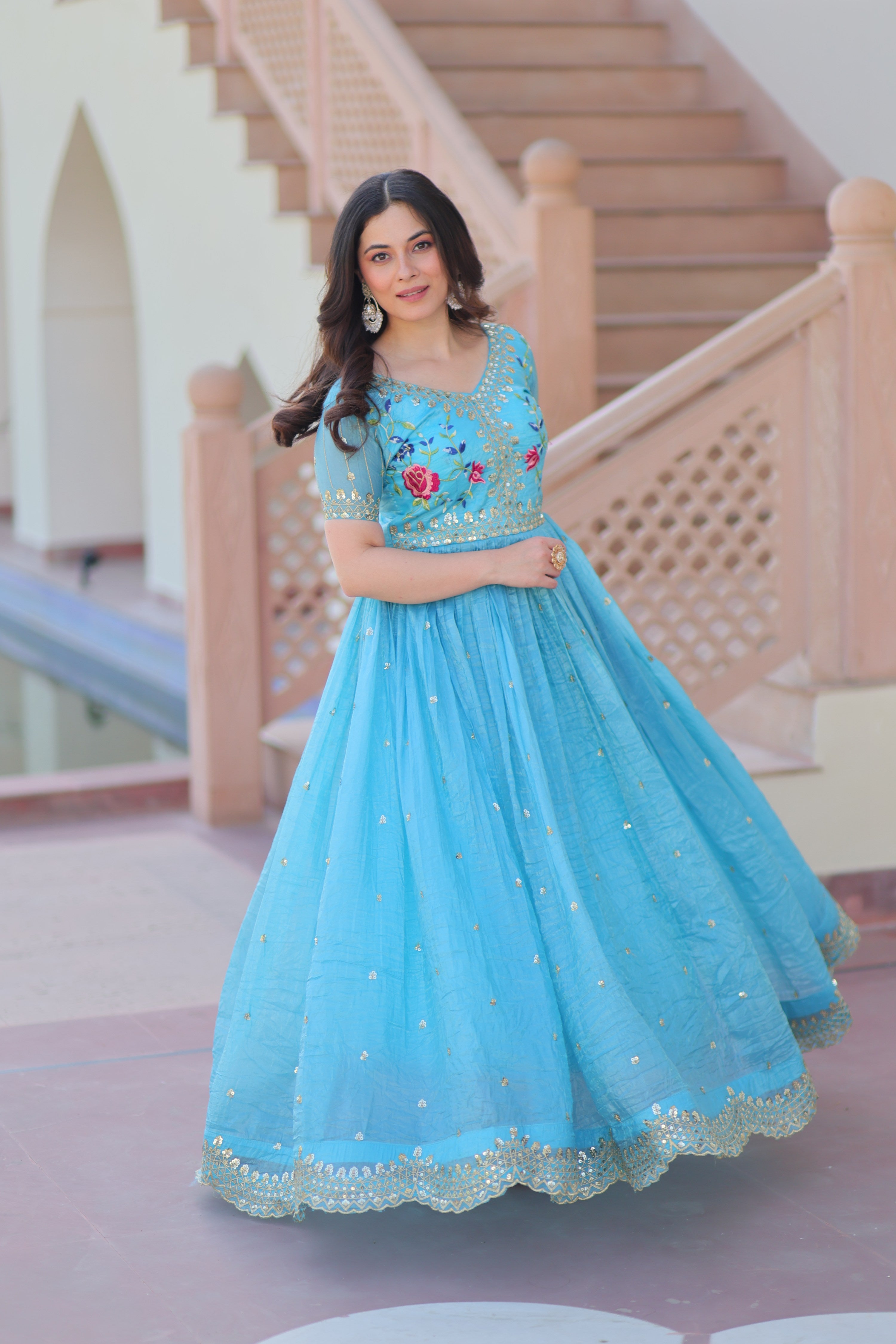 Jyoti Fashion Sky Blue Gold Crush Thread Embroidered Anarkali Set - Distacart