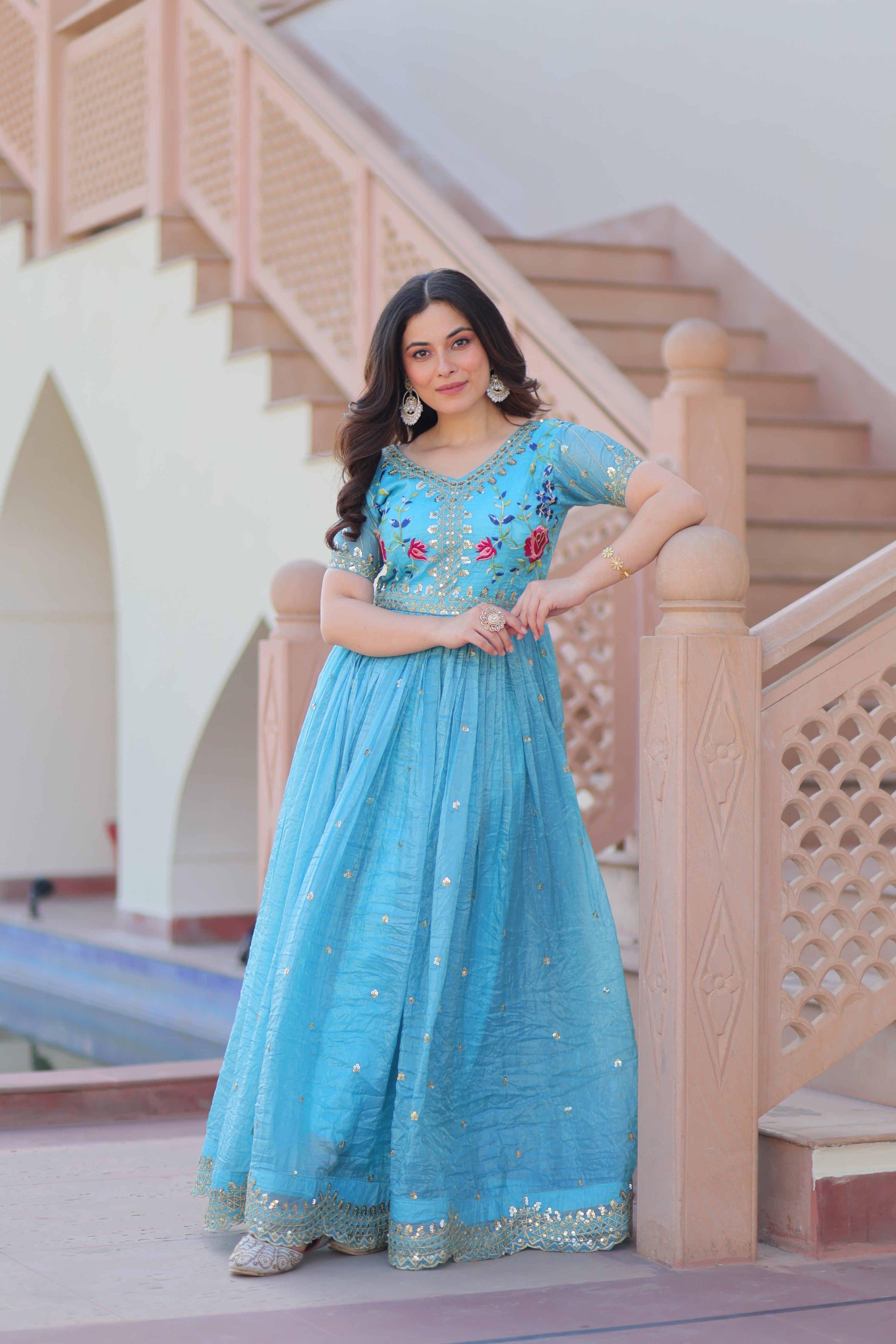 Jyoti Fashion Sky Blue Gold Crush Thread Embroidered Anarkali Set - Distacart