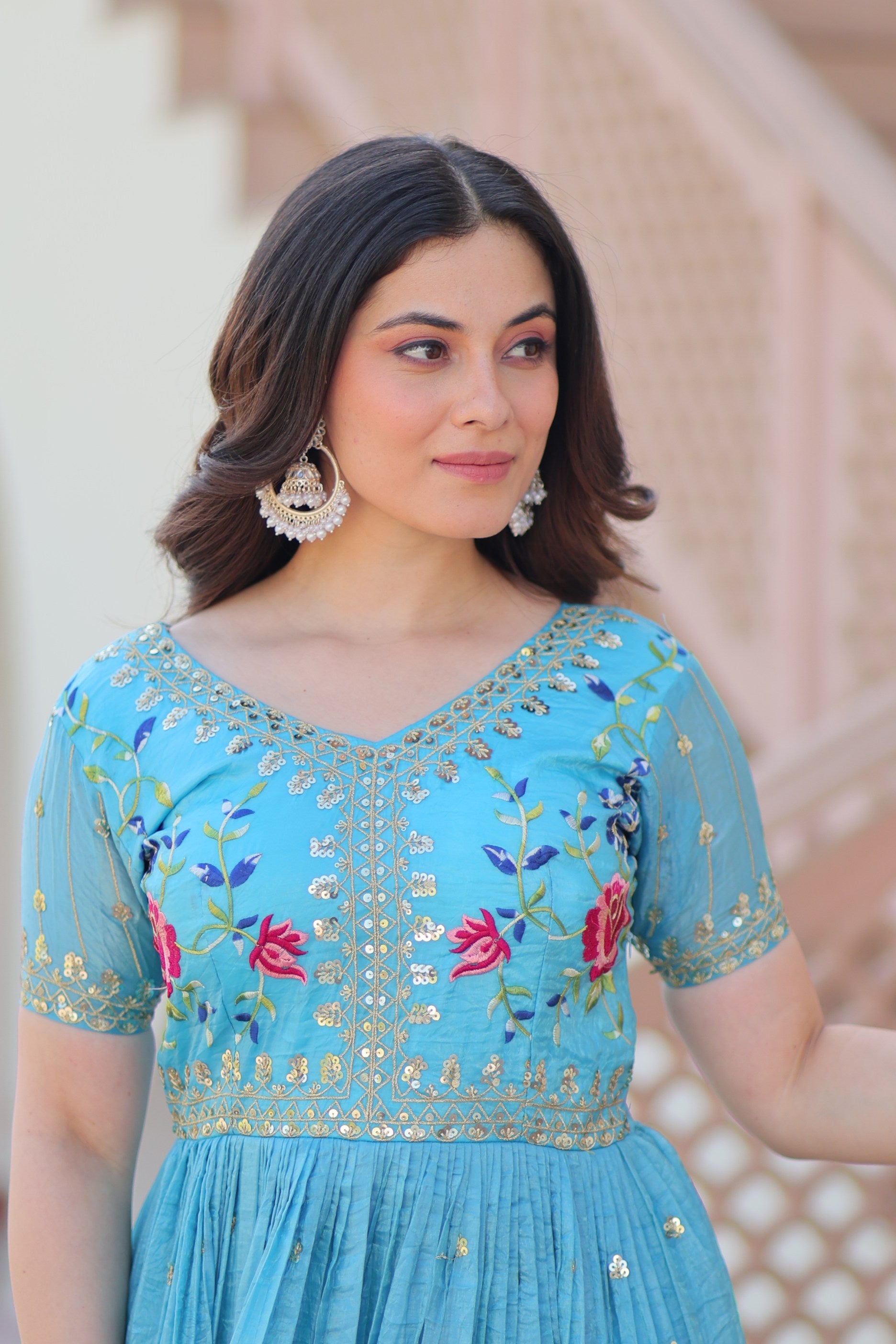 Jyoti Fashion Sky Blue Gold Crush Thread Embroidered Anarkali Set - Distacart