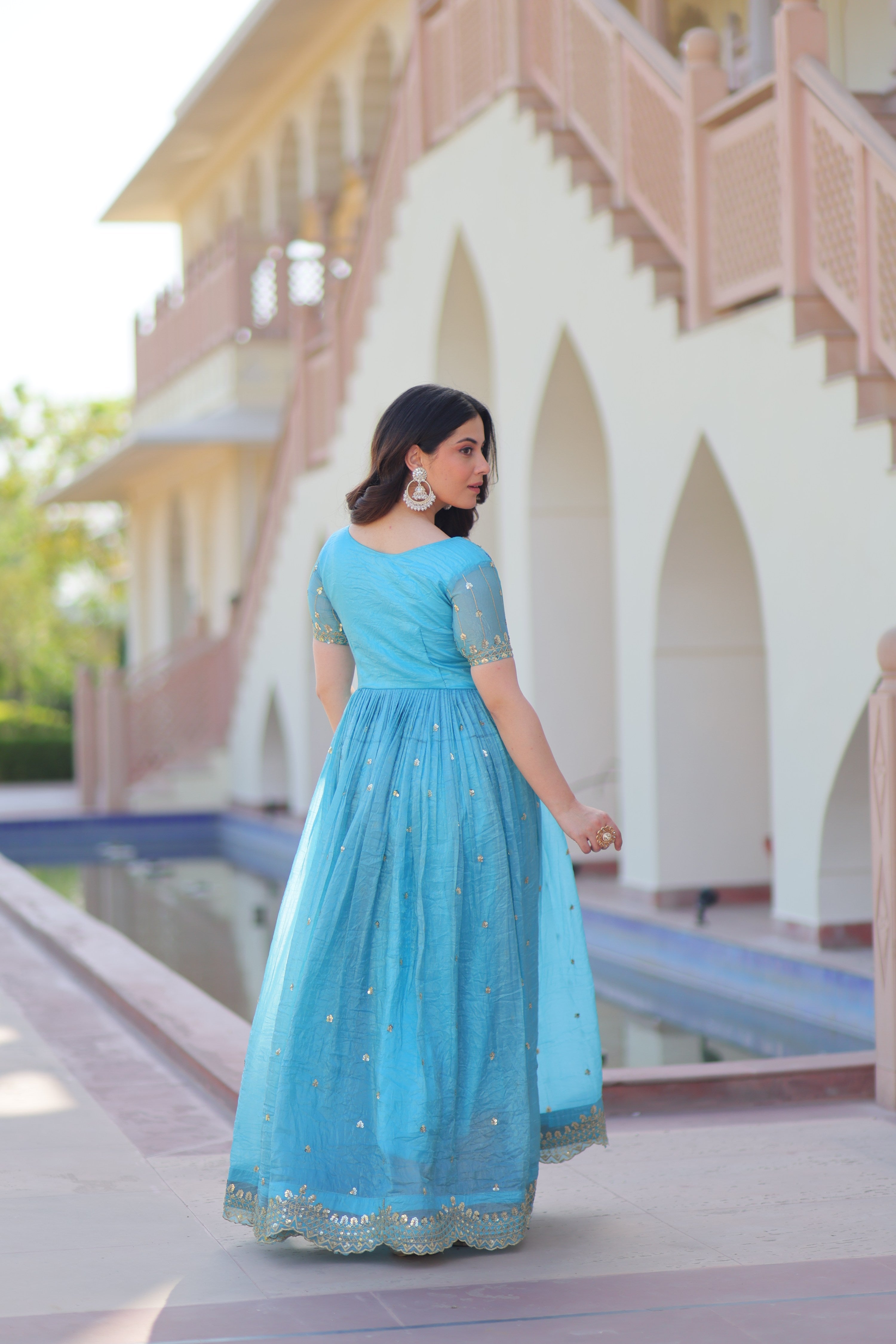 Jyoti Fashion Sky Blue Gold Crush Thread Embroidered Anarkali Set - Distacart