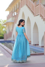 Thumbnail for Jyoti Fashion Sky Blue Gold Crush Thread Embroidered Anarkali Set - Distacart
