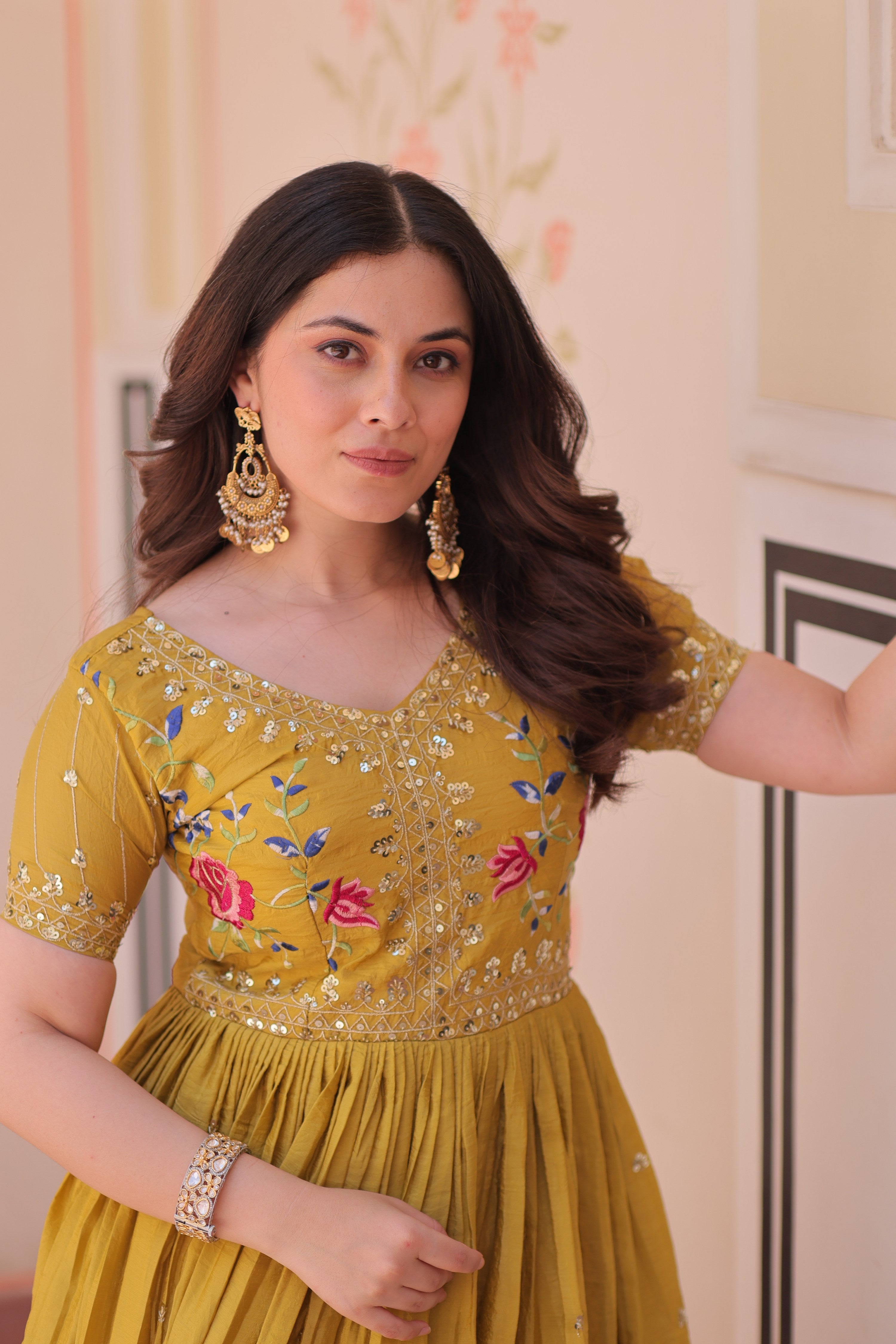 Jyoti Fashion Mustard Gold Crush Thread Embroidered Anarkali Set - Distacart