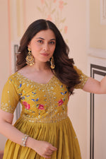 Thumbnail for Jyoti Fashion Mustard Gold Crush Thread Embroidered Anarkali Set - Distacart