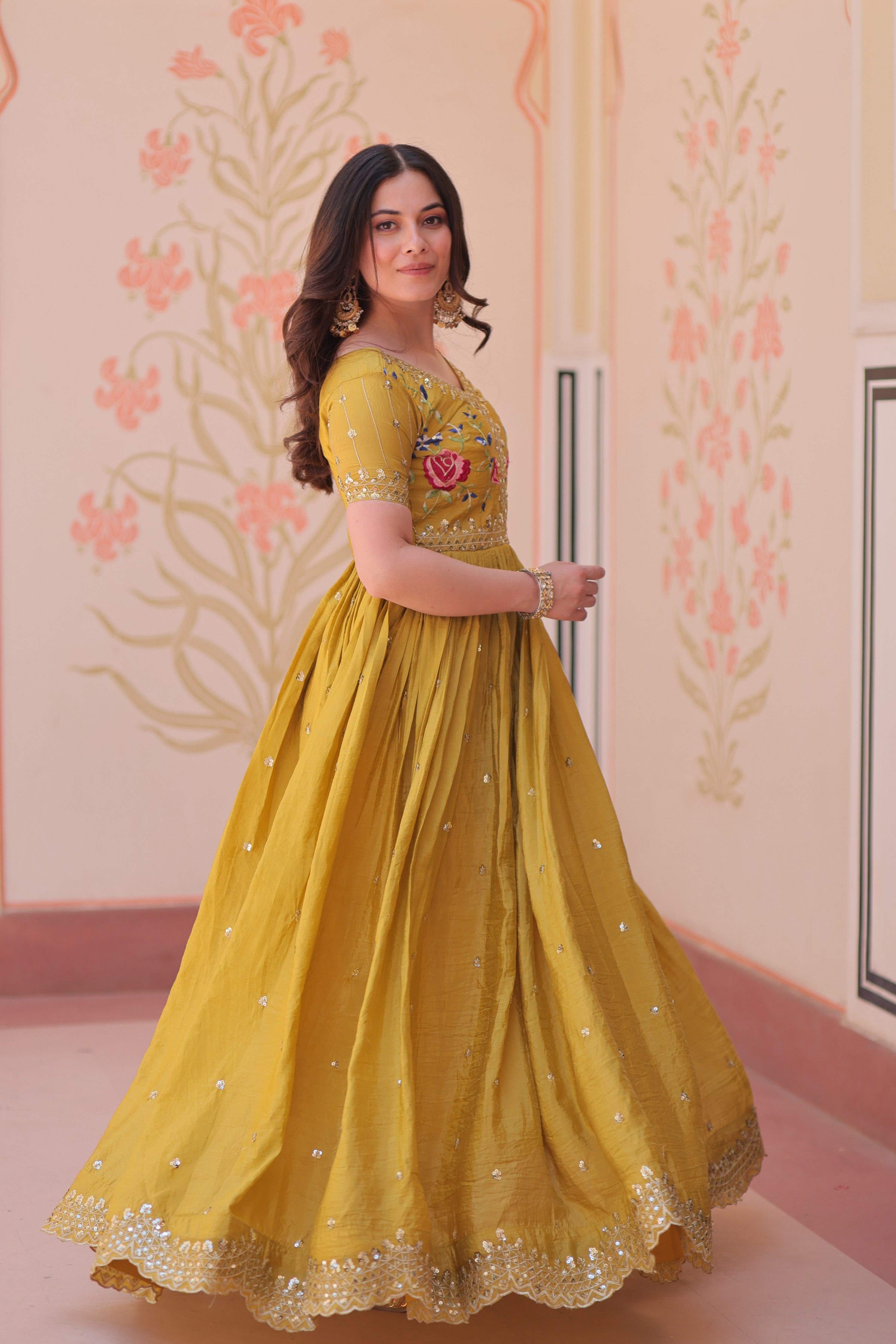 Jyoti Fashion Mustard Gold Crush Thread Embroidered Anarkali Set - Distacart