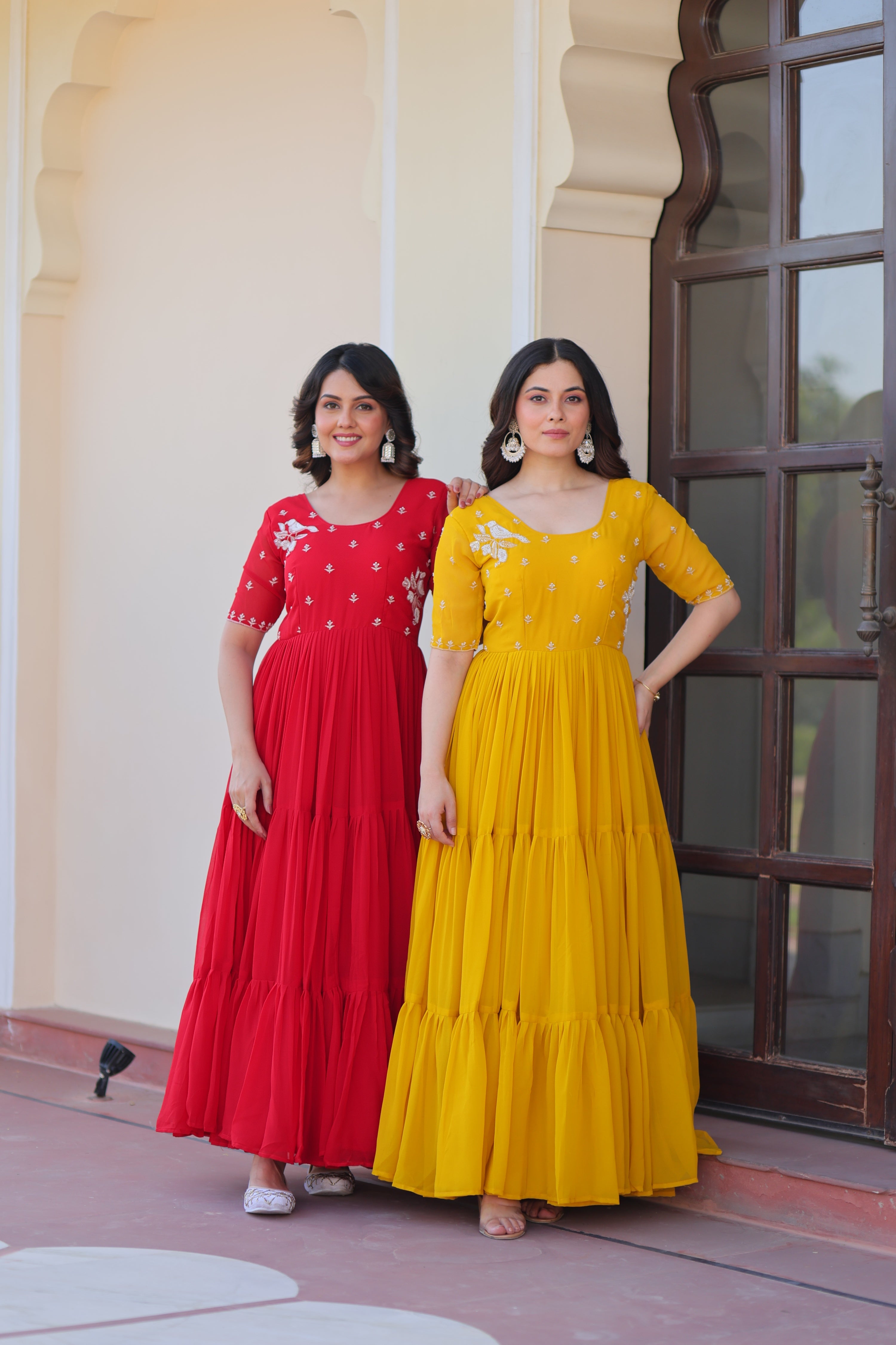 Jyoti Fashion Red & Yellow Faux Blooming Beads Embroidered Combo Anarkali Set - Distacart