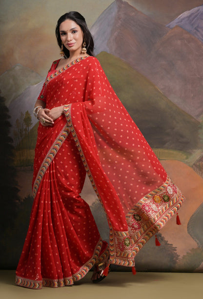 Jyoti Fashion Women's Red Coding Sequence Georgette Saree with Blouse - Distacart