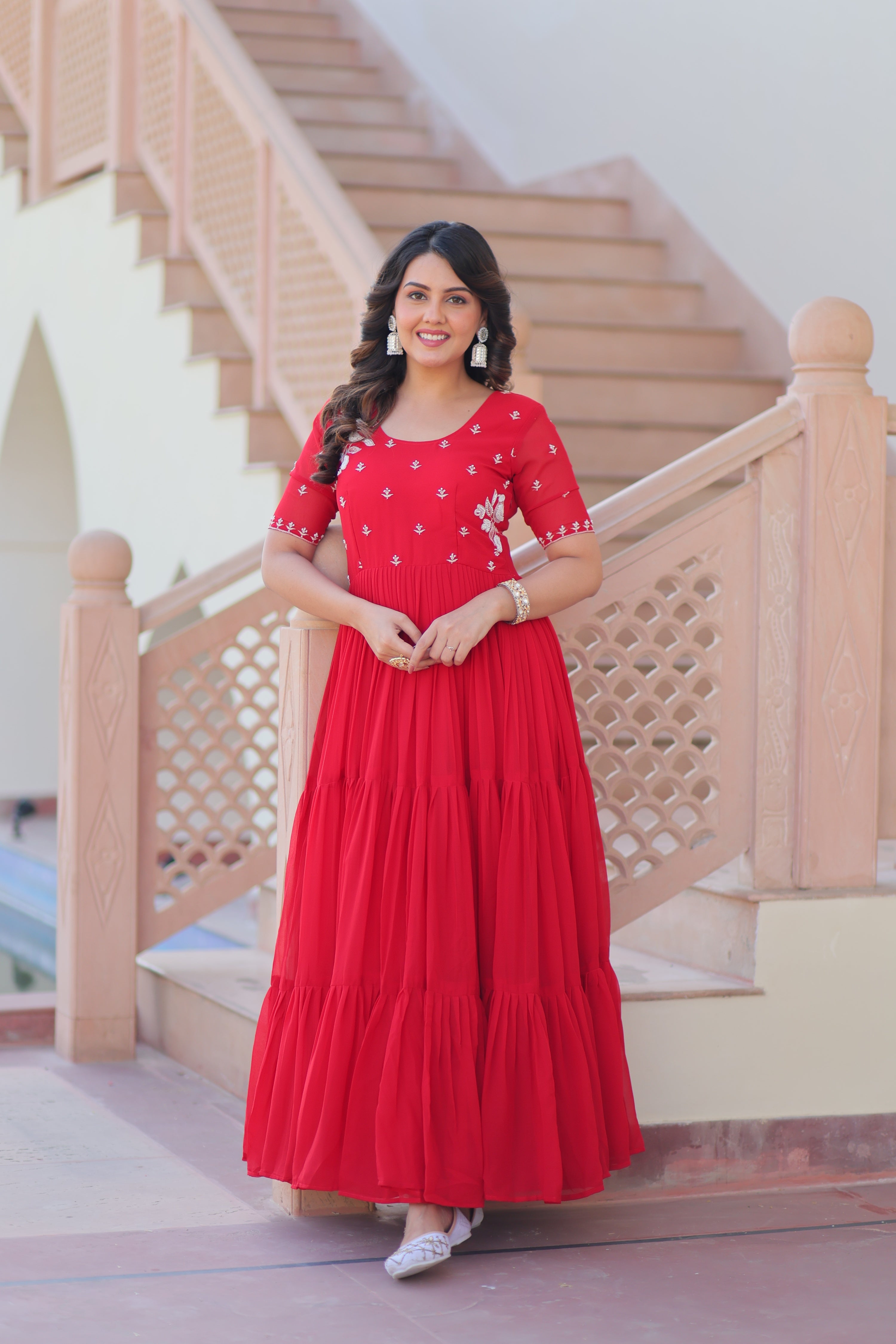 Jyoti Fashion Red Faux Blooming Beads Embroidered Anarkali Set - Distacart