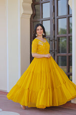 Thumbnail for Jyoti Fashion Yellow Faux Blooming Beads Embroidered Anarkali Set - Distacart