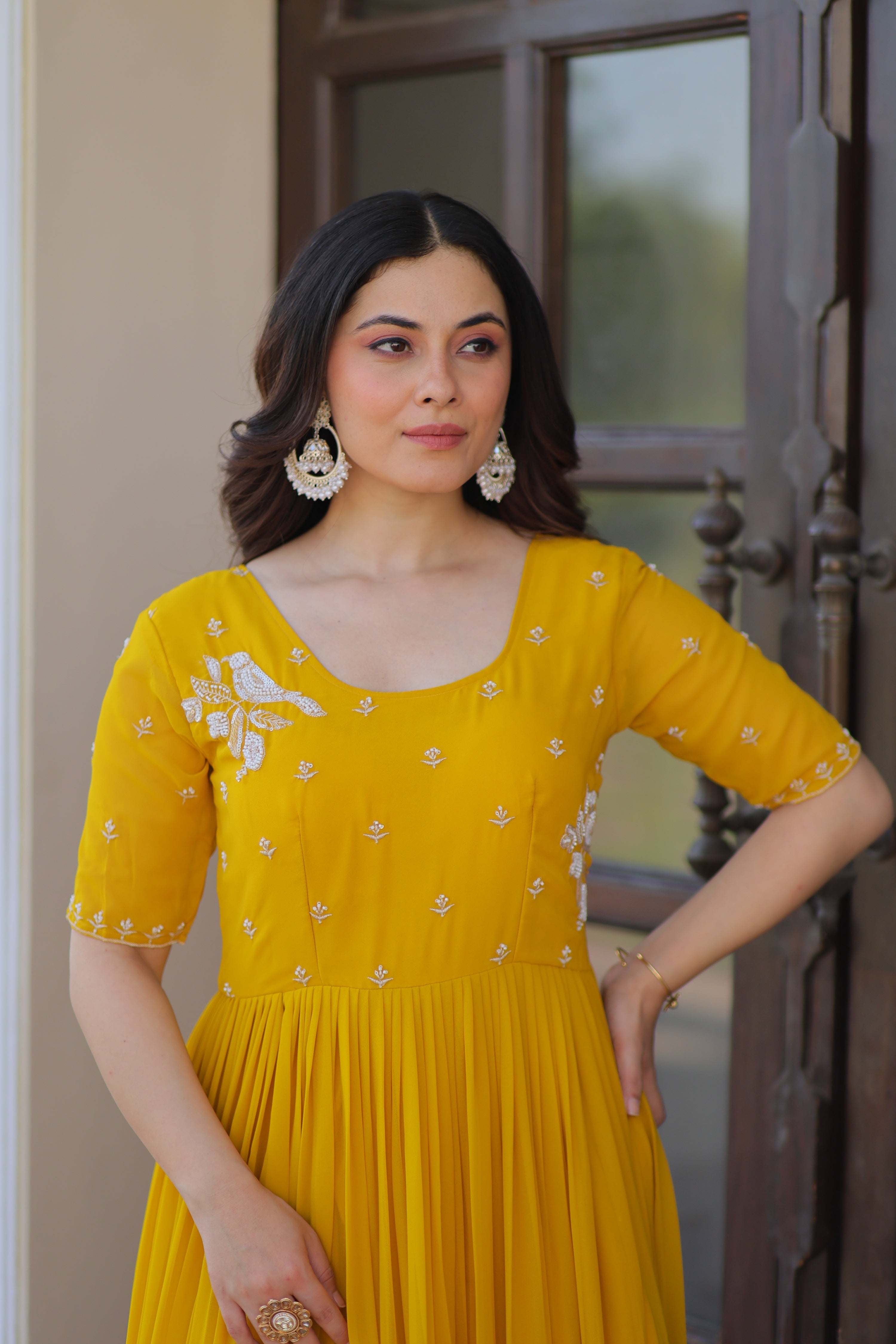 Jyoti Fashion Yellow Faux Blooming Beads Embroidered Anarkali Set - Distacart