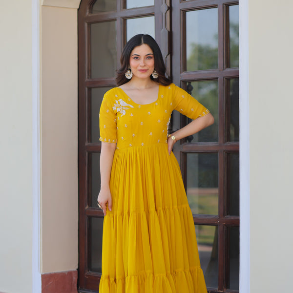 Jyoti Fashion Yellow Faux Blooming Beads Embroidered Anarkali Set - Distacart