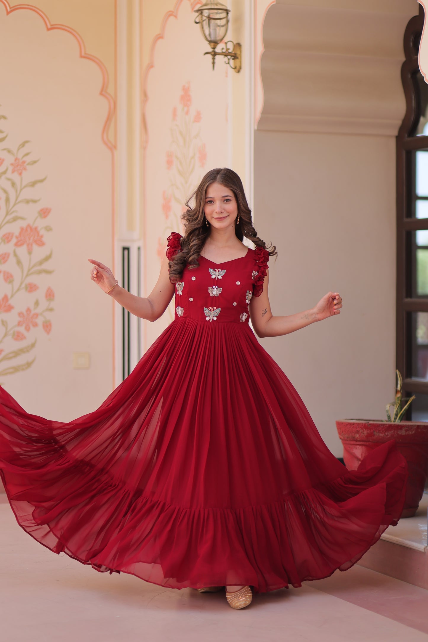 Jyoti Fashion Maroon Faux Blooming Beads Embroidered Anarkali Set - Distacart