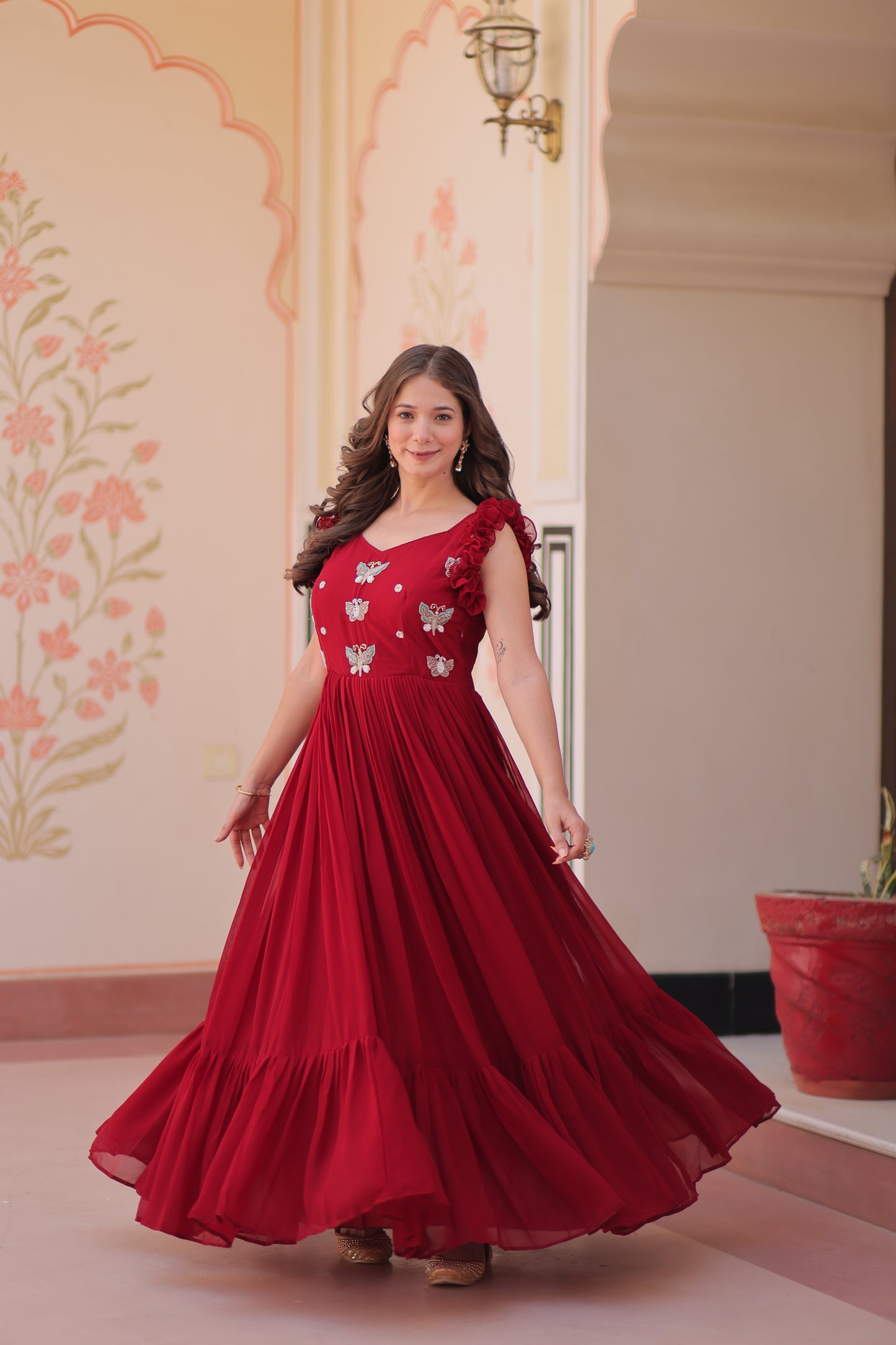 Jyoti Fashion Maroon Faux Blooming Beads Embroidered Anarkali Set - Distacart