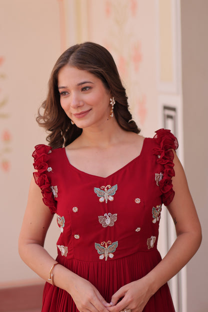 Jyoti Fashion Maroon Faux Blooming Beads Embroidered Anarkali Set - Distacart