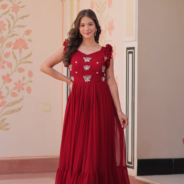 Jyoti Fashion Maroon Faux Blooming Beads Embroidered Anarkali Set - Distacart