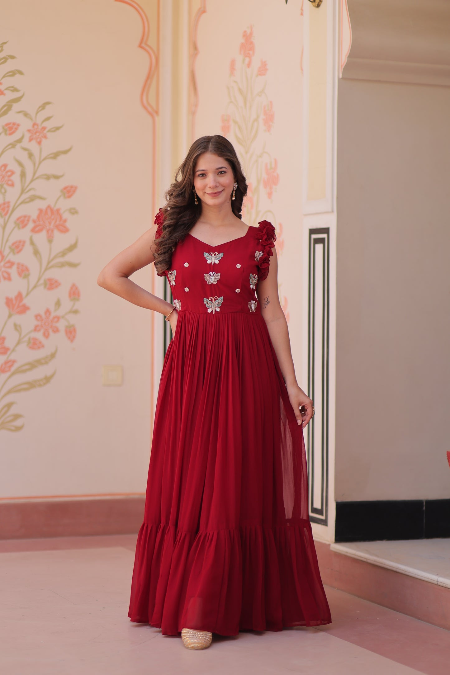 Jyoti Fashion Maroon Faux Blooming Beads Embroidered Anarkali Set - Distacart