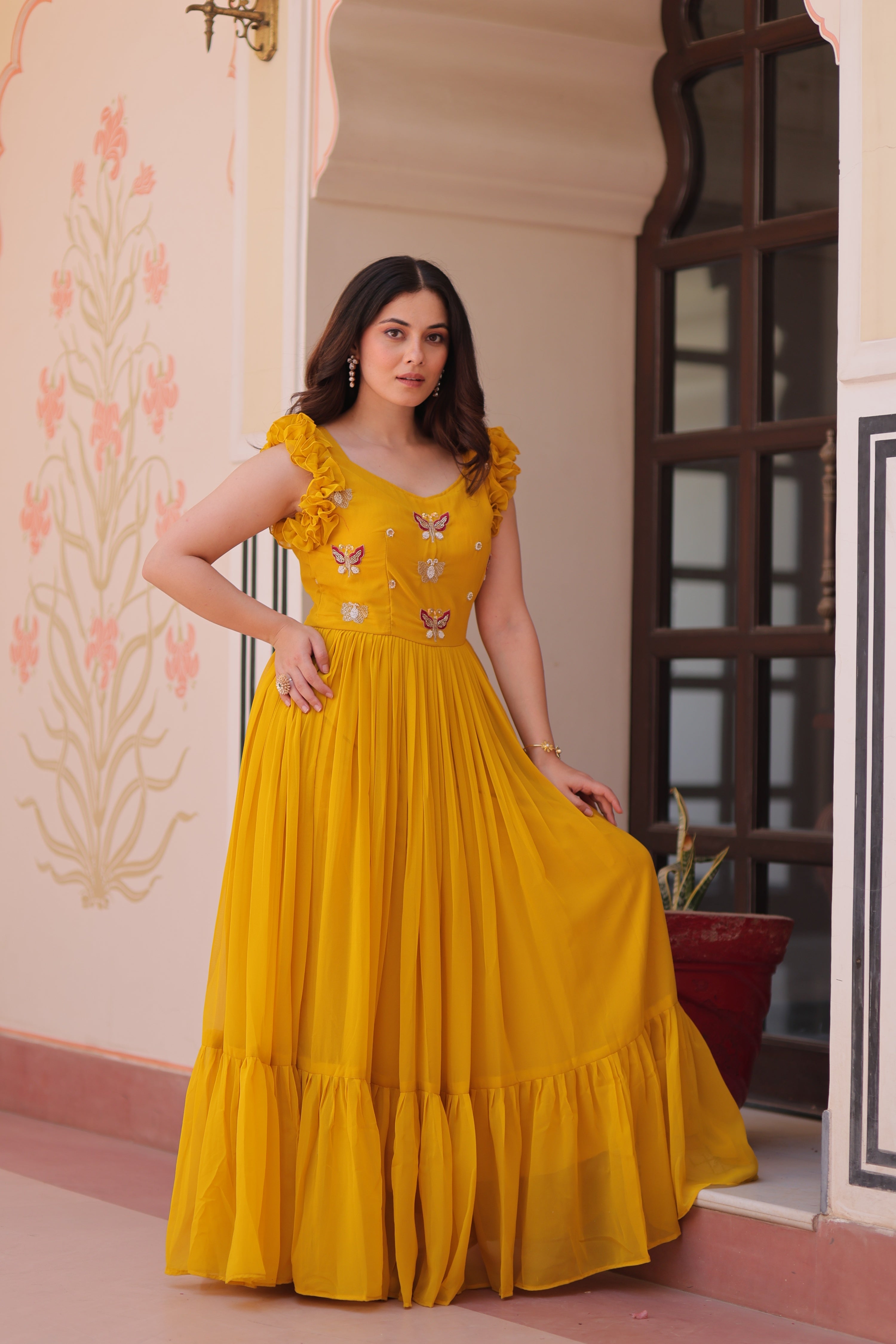 Jyoti Fashion Yellow Faux Blooming Beads Embroidered Anarkali Set - Distacart
