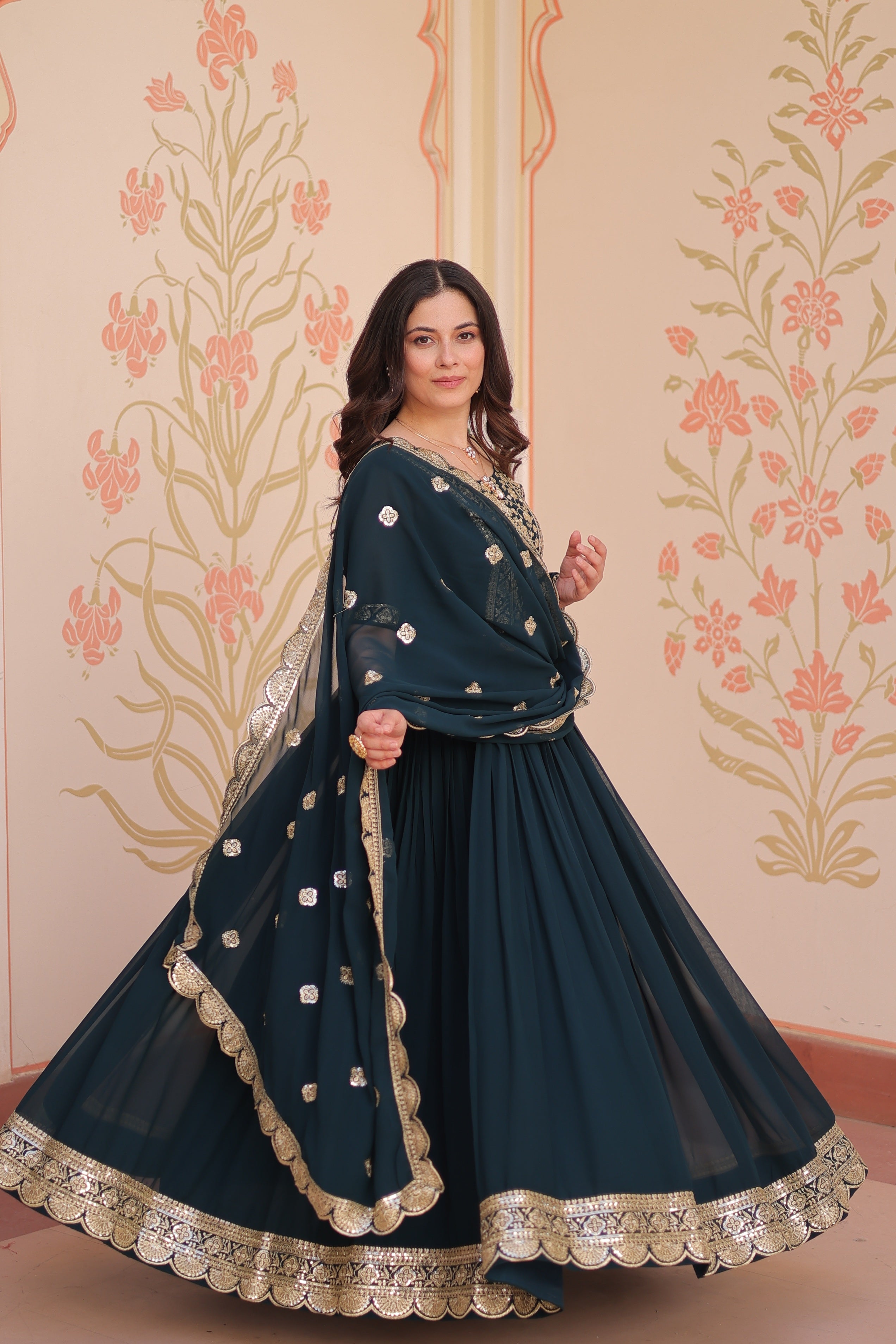 Jyoti Fashion Rama Faux Blooming Sequins Embroidered Anarkali Set with Dupatta - Distacart
