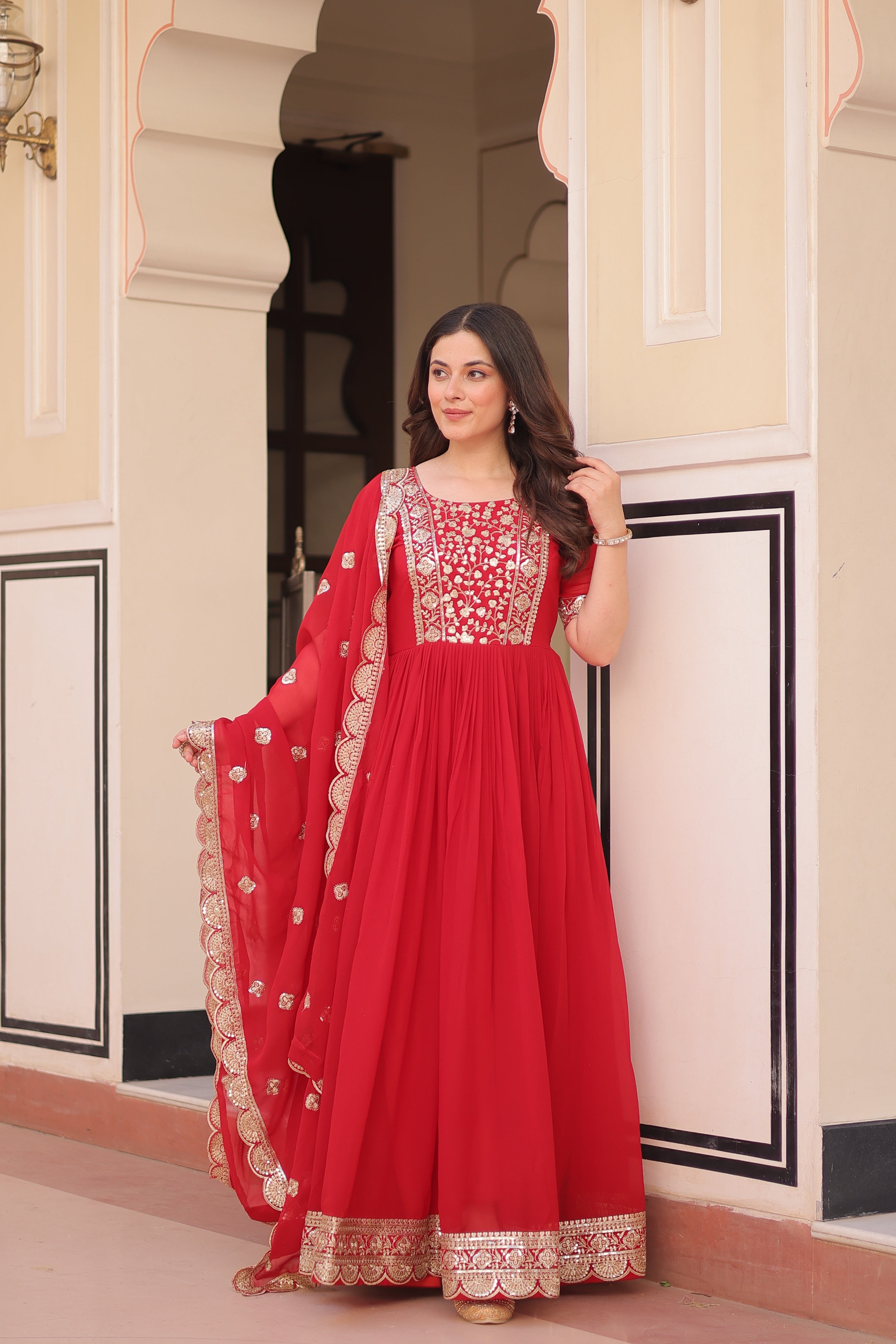 Jyoti Fashion Red Faux Blooming Sequins Embroidered Anarkali Set with Dupatta - Distacart