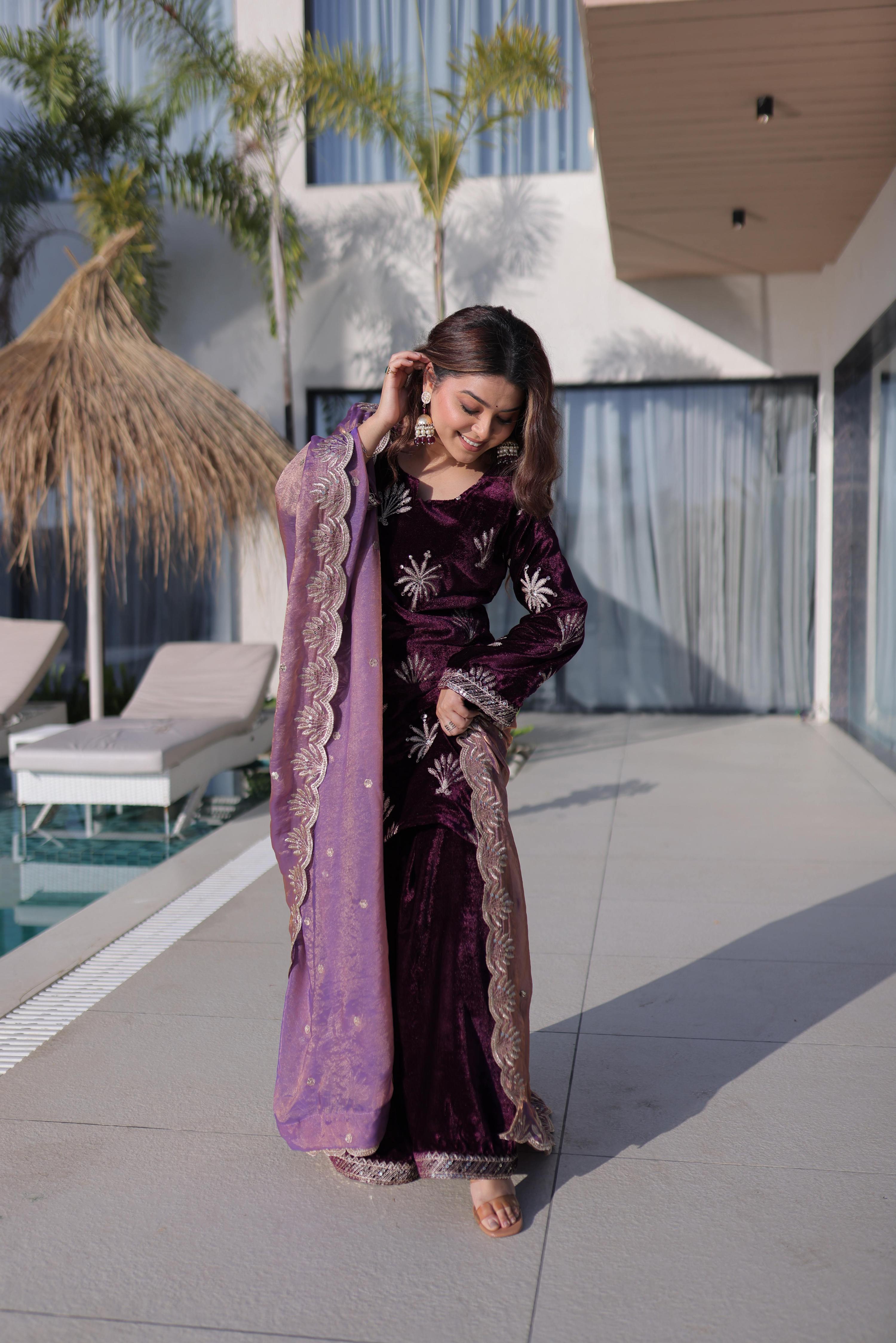 Jyoti Fashion Wine Ice Velvet Embroidered Kurta Set with Dupatta - Distacart