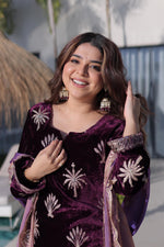 Thumbnail for Jyoti Fashion Wine Ice Velvet Embroidered Kurta Set with Dupatta - Distacart