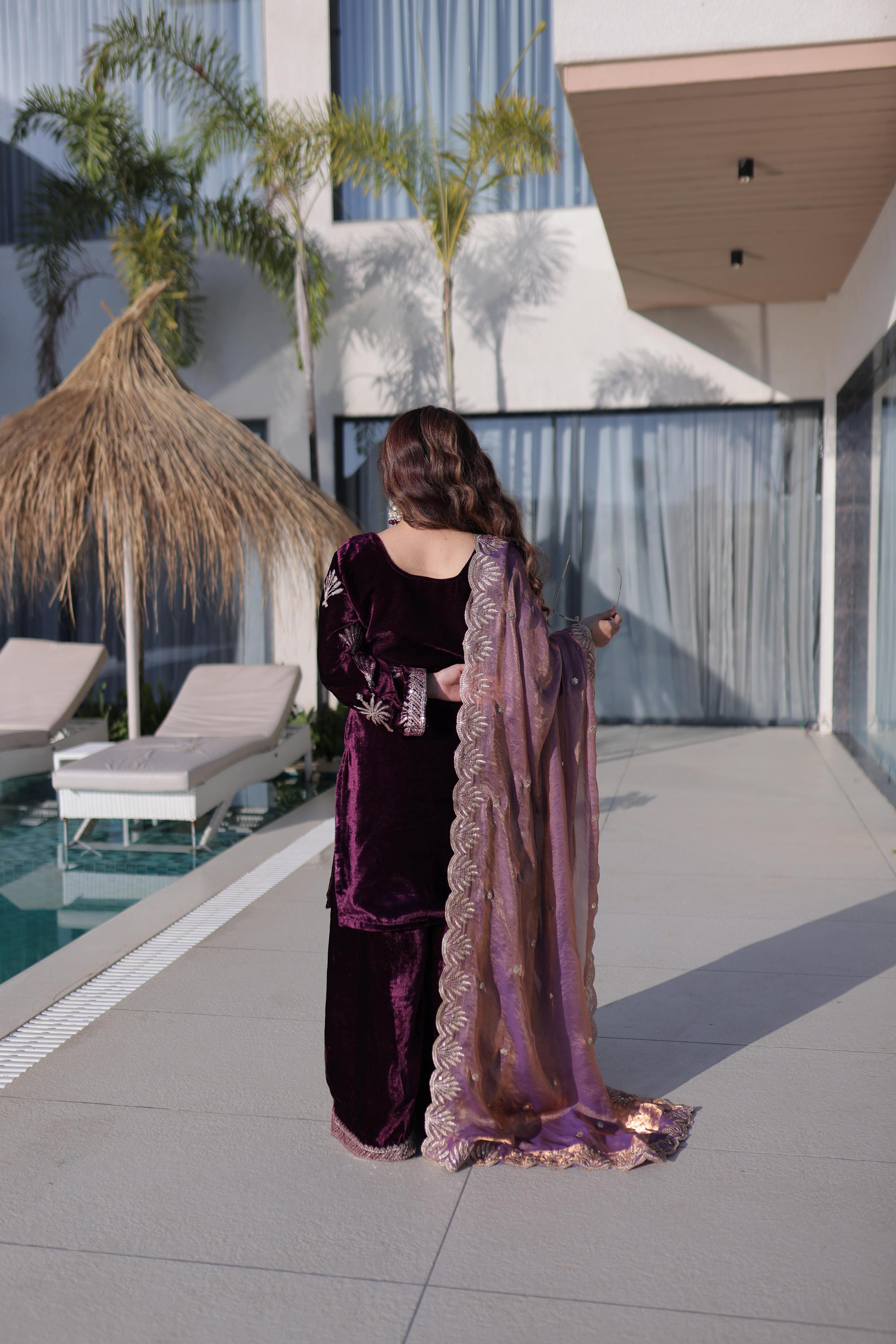 Jyoti Fashion Wine Ice Velvet Embroidered Kurta Set with Dupatta - Distacart