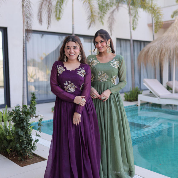 Jyoti Fashion Purple & Sea Green Silver Crunchy Beads Embroidered Combo Anarkali Set - Distacart