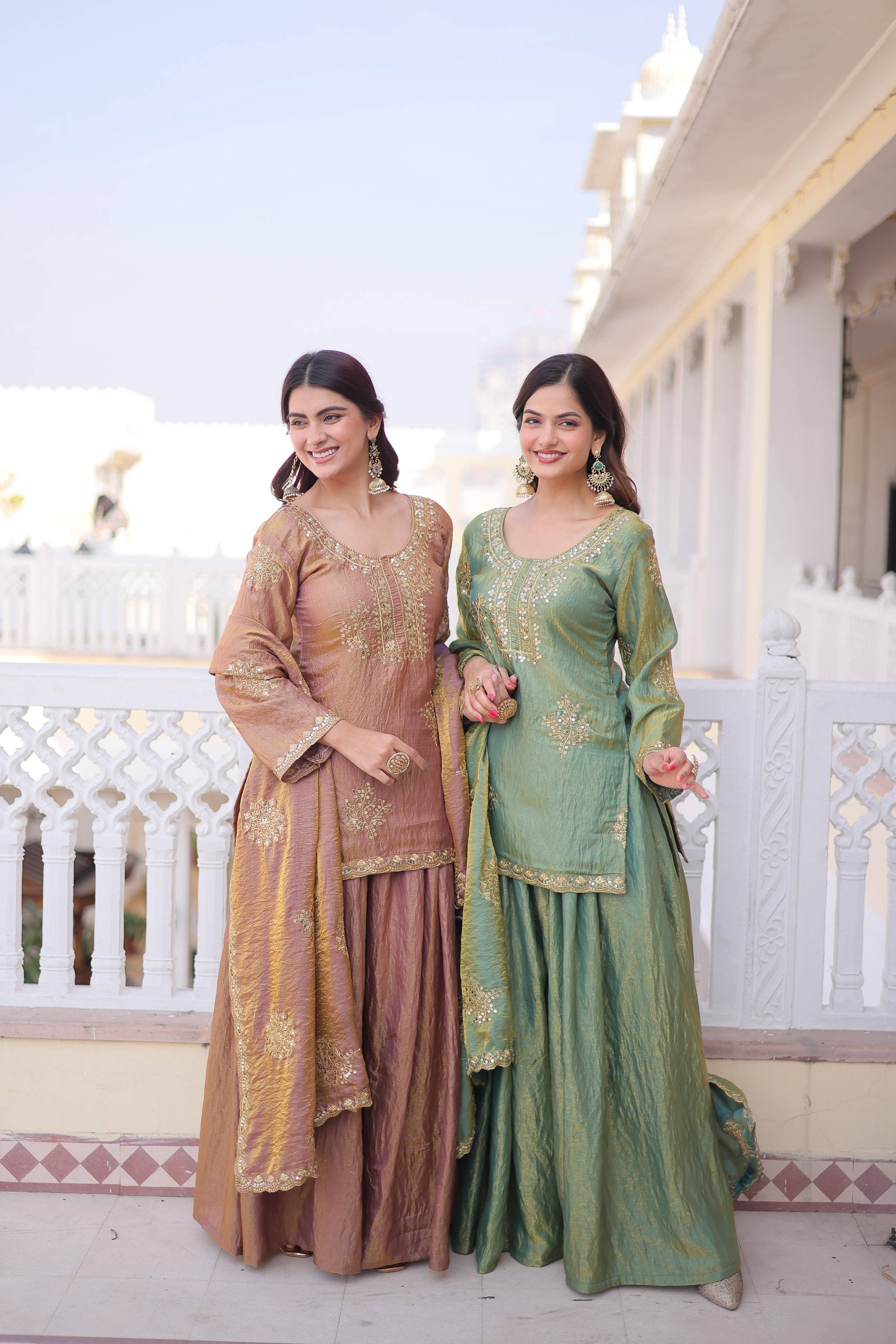 Jyoti Fashion Brown & Sea Green Fendi Crush Zari Embroidered Combo Sharara Set with Dupatta - Distacart