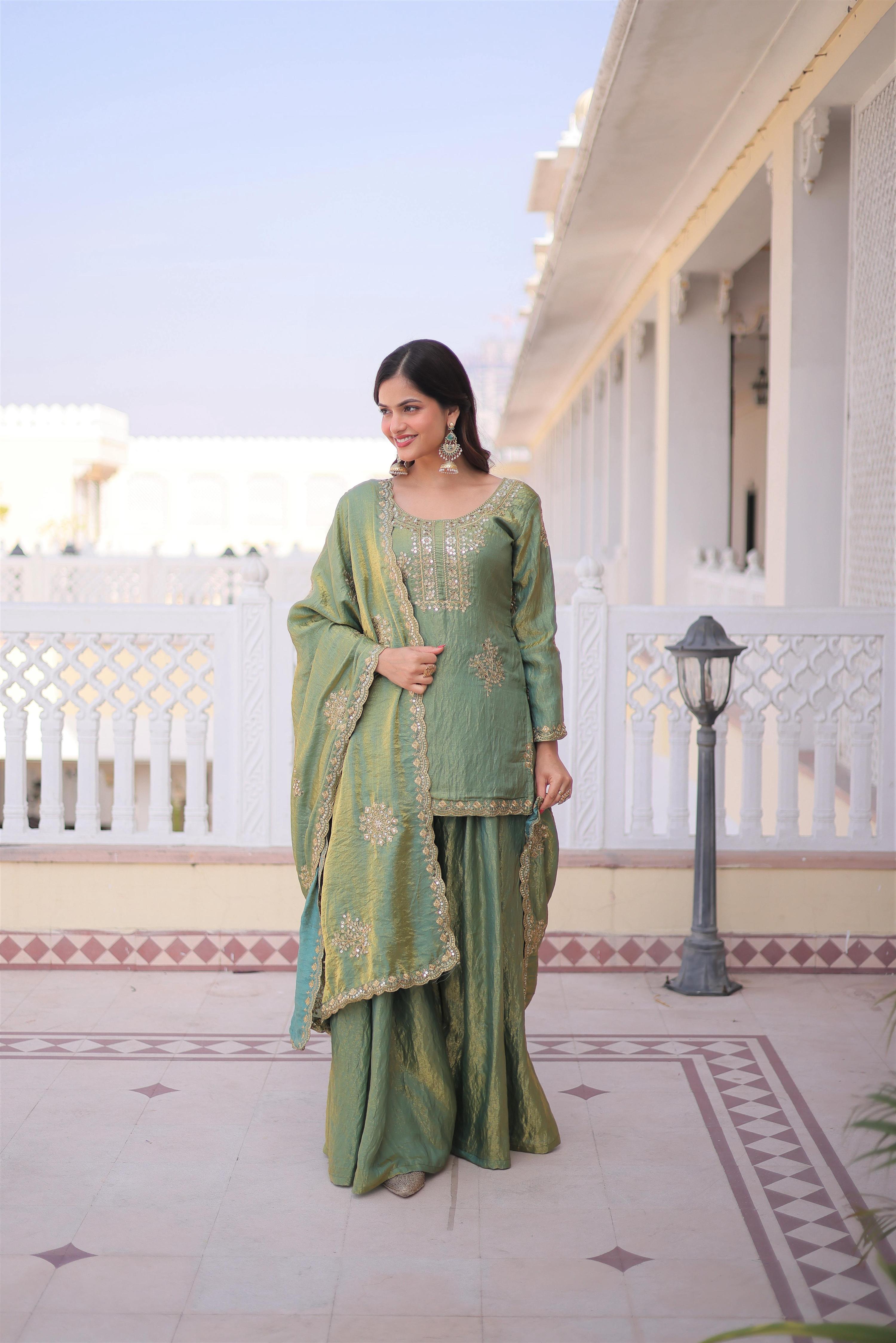 Jyoti Fashion Sea Green Fendi Crush Zari Embroidered Sharara Set with Dupatta - Distacart