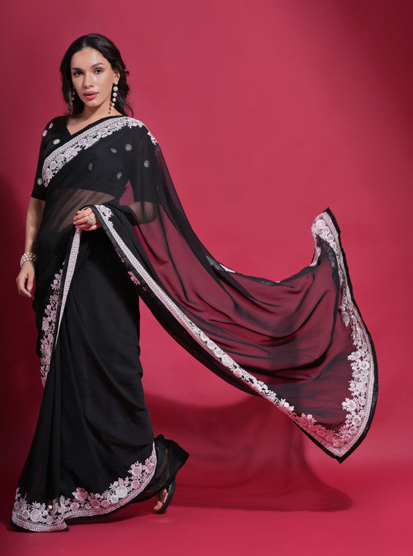 Jyoti Fashion Women's Black Coding Work Georgette Saree with Blouse - Distacart