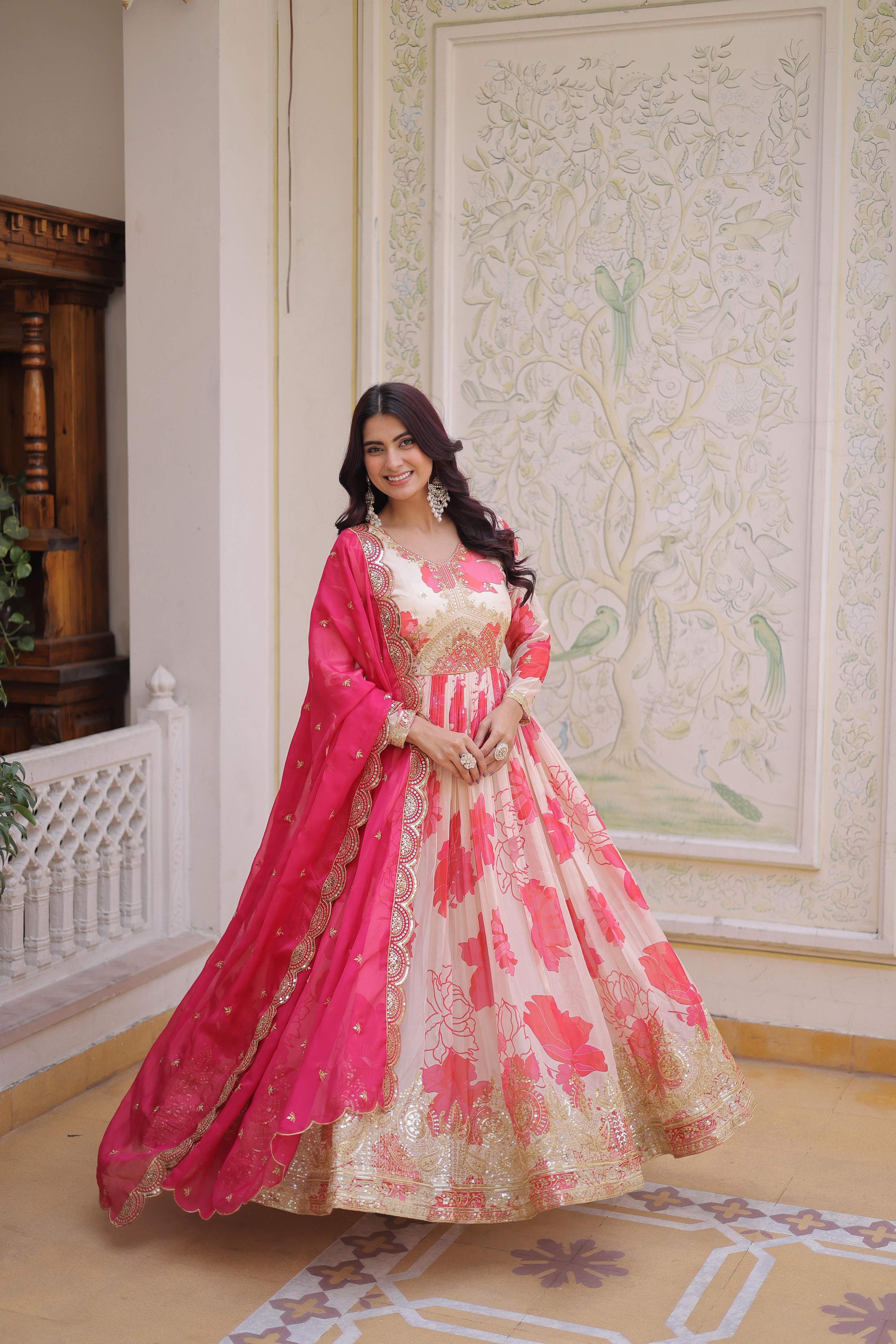 Jyoti Fashion Pink Russian Silk Sequins Embroidered Anarkali Set with Dupatta - Distacart