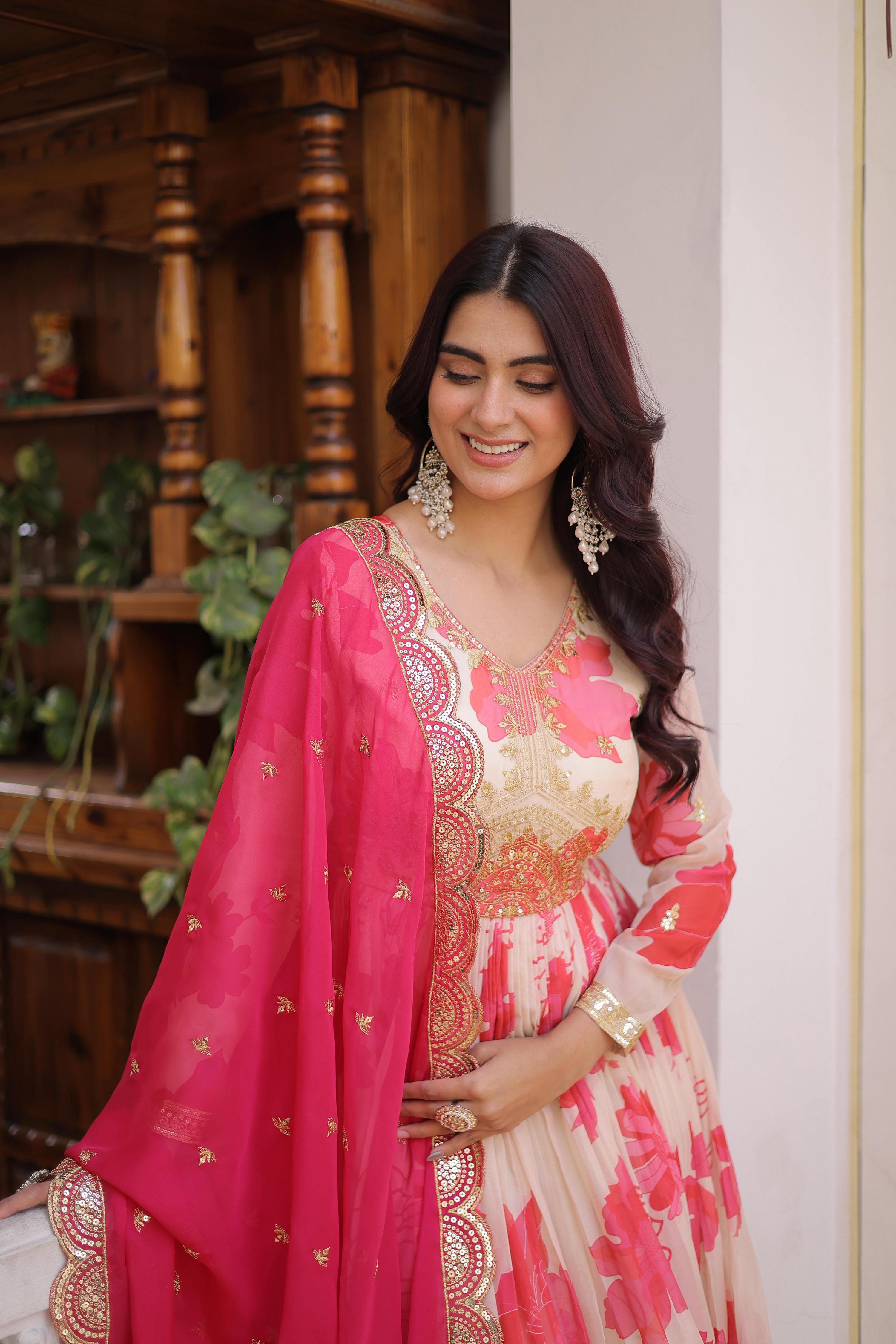 Jyoti Fashion Pink Russian Silk Sequins Embroidered Anarkali Set with Dupatta - Distacart