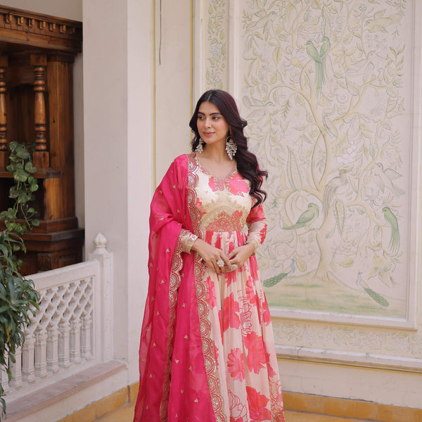 Jyoti Fashion Pink Russian Silk Sequins Embroidered Anarkali Set with Dupatta - Distacart