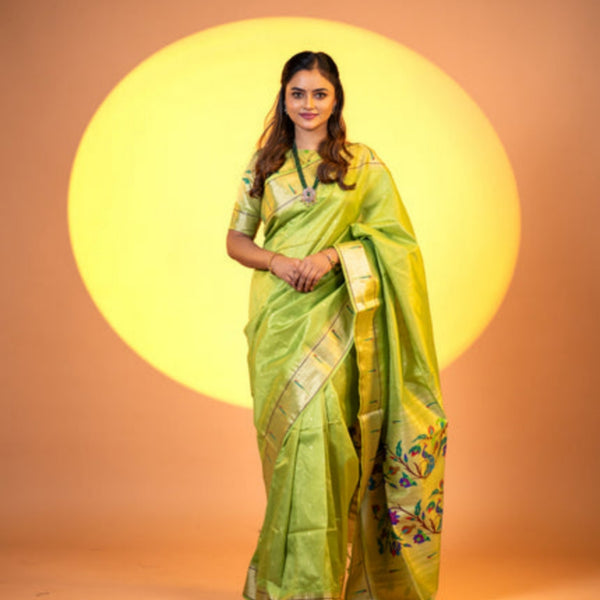 Jyoti Fashion Women's Mehendi Soft Khadi Raw Silk Zari Woven Saree with Blouse - Dista