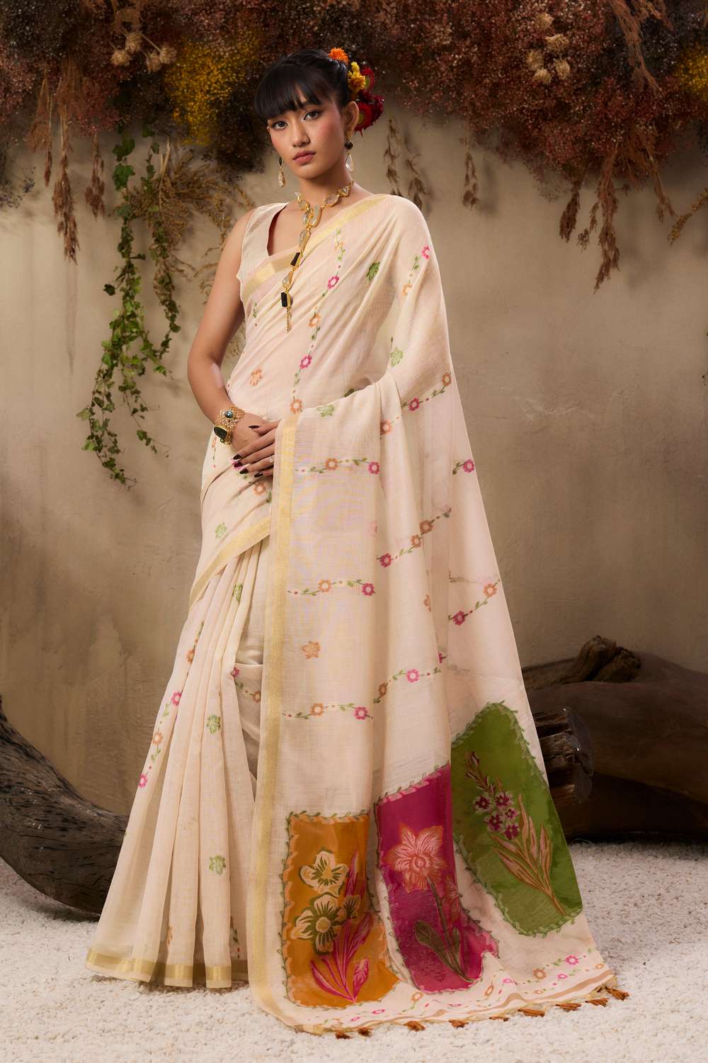 Jyoti Fashion Women's Orange Soft Muga Cotton Resham Weaving Saree with Blouse - Dista