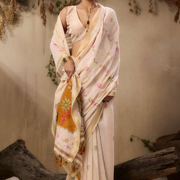 Jyoti Fashion Women's Orange Soft Muga Cotton Resham Weaving Saree with Blouse - Dista