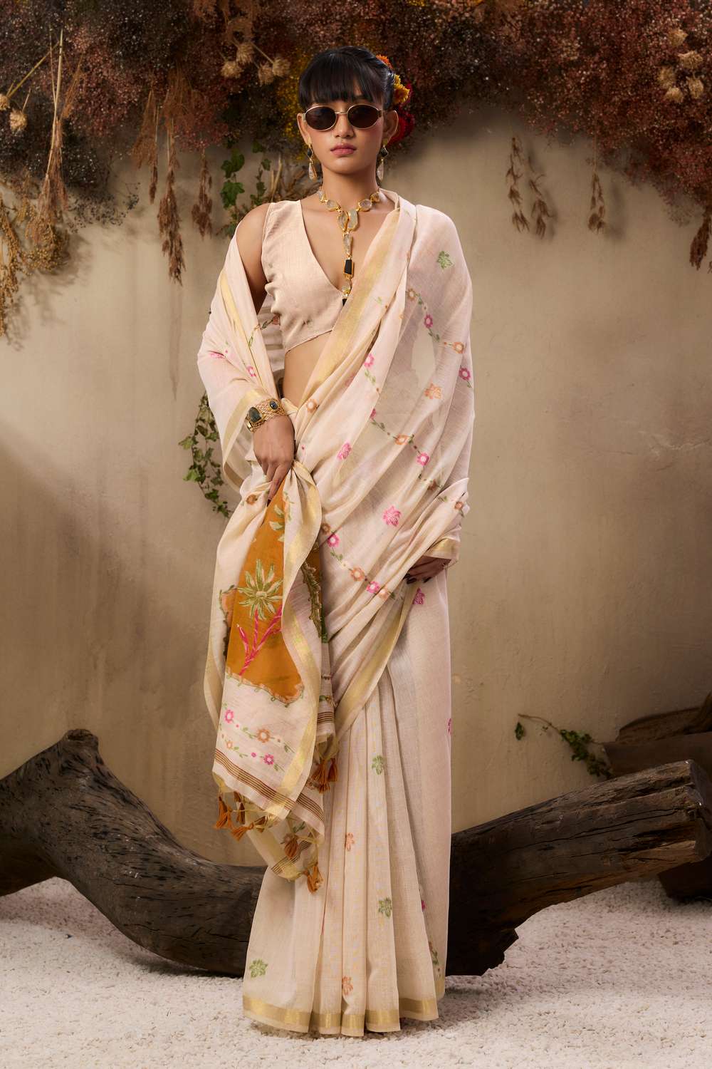 Jyoti Fashion Women's Orange Soft Muga Cotton Resham Weaving Saree with Blouse - Dista