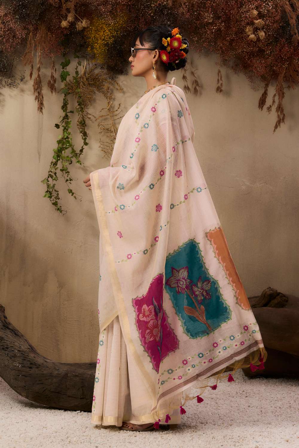 Jyoti Fashion Women's Pink Soft Muga Cotton Resham Weaving Saree with Blouse - Dista