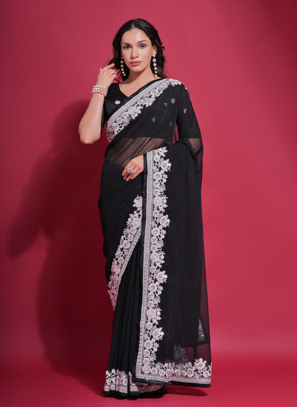 Jyoti Fashion Women's Black Coding Work Georgette Saree with Blouse - Distacart