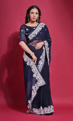Thumbnail for Jyoti Fashion Women's Navy Blue Coding Work Georgette Saree with Blouse - Distacart