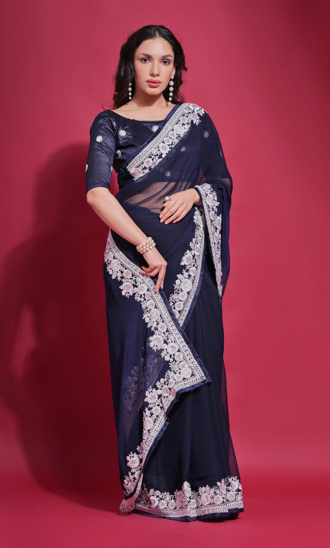 Jyoti Fashion Women's Navy Blue Coding Work Georgette Saree with Blouse - Distacart